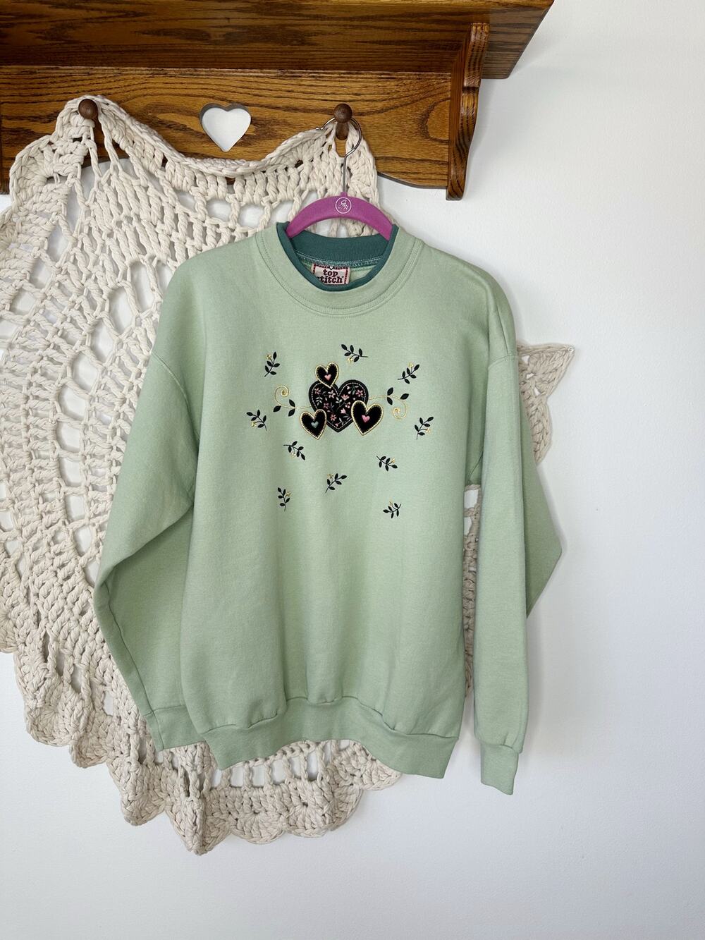 Vintage 2000s Grandma Sage Green Cottage Double Collar Sweatshirt Medium
